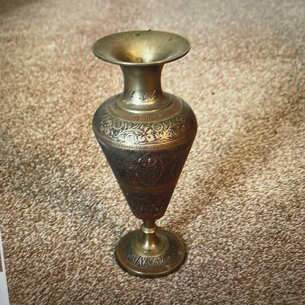 VTG Etched Brass vase 8”